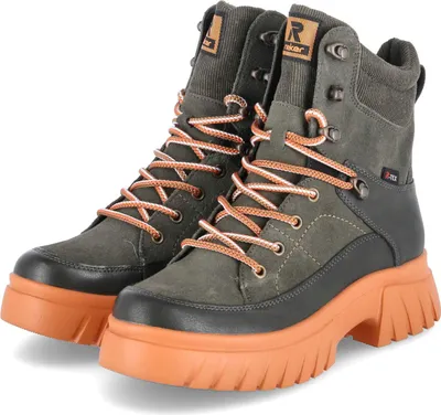 A pair of green and orange lace-up boots.
