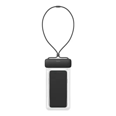 A black and clear waterproof phone pouch with a lanyard, containing a black smartphone.