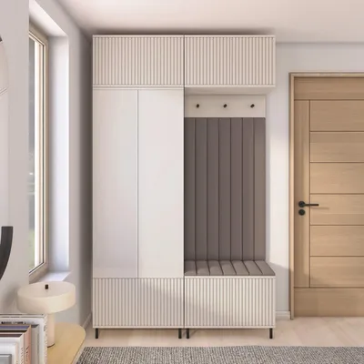 Produktbild von Garderoben-Set Ritmo Version 2 – gefräster Kleiderschrank mit hohen Füßen, Schuhschrank, Hängeschrank für den Flur (cashmere, Trinity 06)