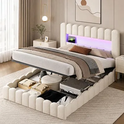Produktbild von INONEFT Polsterbett 180x200cm mit LED Stauraum Kopfteil, Boxspringbett Doppelbett, hydraulisches Stauraumbett mit Lattenrost, Jugendbett,Leinen, Beige