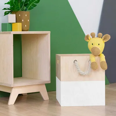 Produktbild von Aufbewahrungsbox aus Holz Modell 3 - mit Griffen aus geflochtenem Seil - Weiß und Naturholzfarbe - 33 x 33 x 37 cm