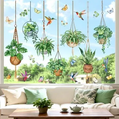 Produktbild von decalmile Fensterbilder Frühling Topfpflanze Grüne Fensteraufkleber Hängende Pflanzen Fenster Abziehbilder Sommer Blätter Vögel Anti-Kollision Fenstersticker Glas Fensterdeko Aufkleber