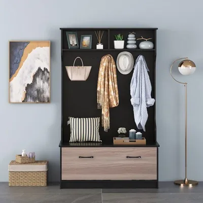 Zdjęcie produktu dla Wieszak na ubrania z siedziskiem i 5 podwójnymi haczykami - otwarte półki i szafka na buty do przedpokoju - 100x40x160 cm