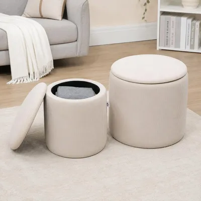 Image de Pouf, lot de deux, avec espace de rangement, rembourrage moelleux, revêtement aspect velours, couleur crème, dimensions : 40 x 40 x 41 cm