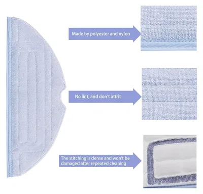 Close-up views of a light blue mop pad with descriptive text.
