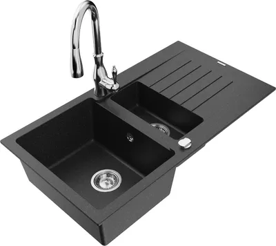 Produktbild von Mexen Matias 1,5-Becken-Granitspüle mit Abtropffläche und Mischbatterie Savita, Schwarz/Silber - 6502-73-672601-00