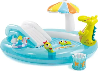 Produktbild von Intex Kinder Planschbecken mit Wasserrutsche, Sonnenschirm, Schwimmring , zwei Fischen, Eimer und Krokodil-Figur, 203 x 173 x 89 cm,