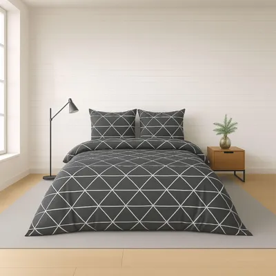 Produktbild von Bettwäsche 135x200 cm. 2-teilig Set 100% Baumwolle Bettbezug Dunkelgrau Weiß mit modernem Dreieck Design