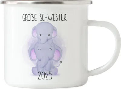 Produktbild von Große Schwester 2025 Emaille Tasse Geschwisterliebe Sister Elefant Geborgenheit Beschützer Welt Liebe Familie