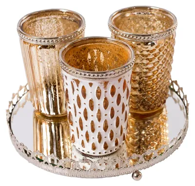 Produktbild von 3er-Set Windlichter Teelichtglas mit Spiegeltablett in Antikgold