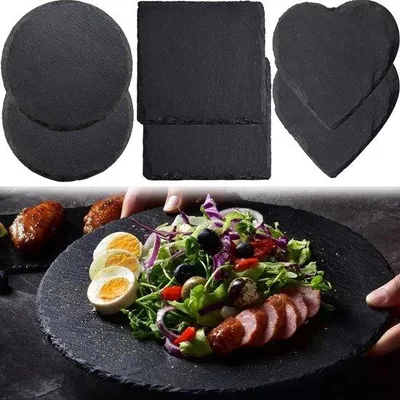 Image de Plateaux de service en ardoise noire, lot de 6, 15 x 15 cm, pierre naturelle