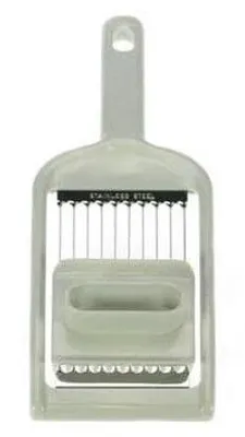 A white background with a gray tomato slicer.