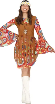Immagine prodotto di Costume hippy colorato anni '60 vestito carnevale carnevale retrò stile figlio dei fiori anni '70 festa estiva Woodstock look joie de vivre vintage, taglia: 38 - 40 (M) colore: marrone
