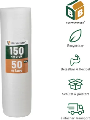 Produktbild von 5 x Luftpolsterfolie (1,5 x 50 m) 3-lagig 75 my Vlieskaschiert Noppen Versandfolie Polster Verpacken Knallfolie Transport BB-Verpackungen