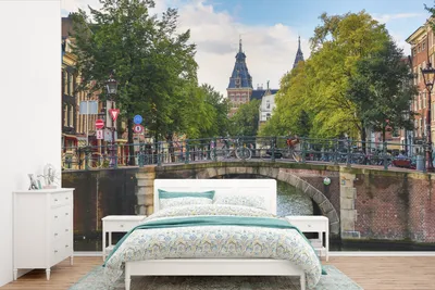 Produktbild von MuchoWow® Fototapete für Wohnzimmer oder Schlafzimmer Wandtapete Vinyl Motivtapete Brücke über die Prinsengracht in Amsterdam - 450x300 cm - Gemusterte