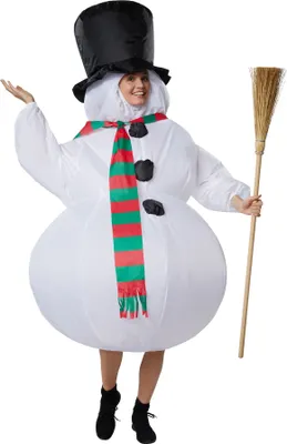 A person wearing an inflatable snowman costume.