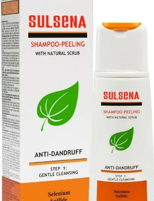 A product shot of SULSENA Anti-Dandruff Shampoo-Peeling with a box and bottle shown side-by-side.