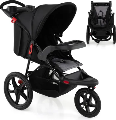 Produktbild von COSTWAY Dreirad Kinderwagen, Reisebuggy mit Getränkehaltern, Liegefunktion, Sonnendach & Tablett, Kinderbuggy für Baby von 0-4 Jahren, Schwarz