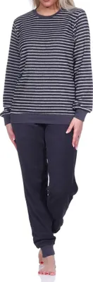 Produktbild von Damen Frottee Pyjama langarm Schlafanzug mit Bündchen in Streifenoptik ; dunkelgrau , 36/38