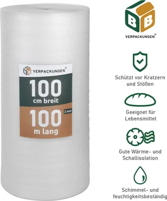 Produktbild von Trittschalldämmung (100 m²) multifunktionale PE-Schaumfolie 2mm für diverse Fußböden und Warmwasserfußbodenheizung Polster BB-Verpackungen