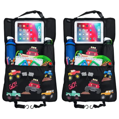 Produktbild von Zwei Kinderautosessel-Abdeckungen mit Organizer, verstellbare Tablet-Platte, Accessoiresfach, Monster-Truck-Motiv, universell, 70x45cm, inkl. Trinkbecherhalter und Aufbewahrungsnetz