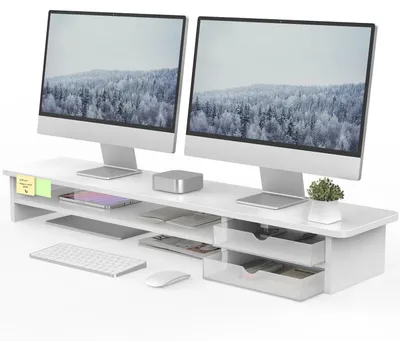 Immagine prodotto di Supporto per monitor con 2 cassetti, colore bianco, dimensioni 108x23,5x14 cm, realizzato in MDF