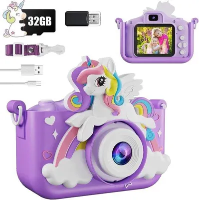 Immagine prodotto di Videocamera digitale da 2 pollici per bambini - mini videocamera ricaricabile - Funzione video HD 1080p - Scheda SD da 32 GB - Per bambini e bambine dai 3 ai 10 anni