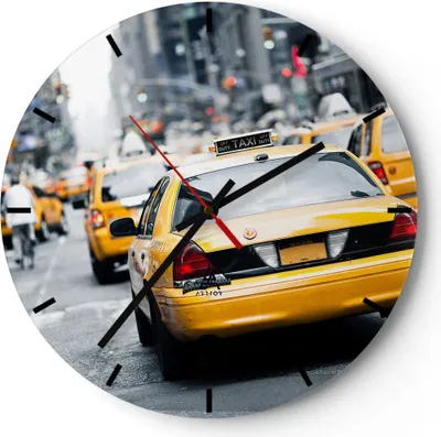 Produktbild von Wanduhr - Rund - Glasuhr - Taxi Straße New York - 40x40cm - Schleichendes Uhrwerk - Lautlos - zum Aufhängen bereit - Dekoration Modern - Wanddekoration aus Glas - C3AR40x40-2663
