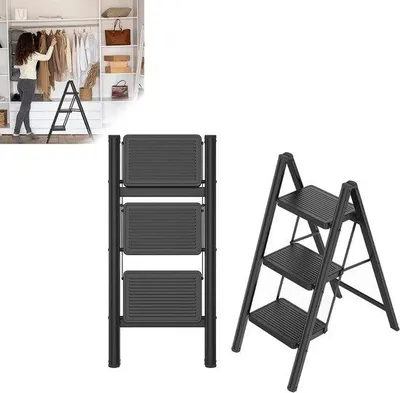 Productafbeelding van Trapladder 3 treden - Inklapbaar opstapje - Huishoudelijk werk - Antislip brede pedalen - Tot 270 kg - Zwart