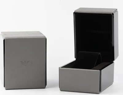 Two grey watch boxes, one closed and one open, against a white background.