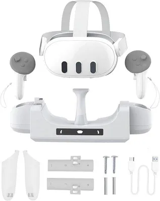 Produktbild von Allecto Plus – Dockingstation für Oculus Quest 3 VR-Headset – Ladestation mit 2 wiederaufladbaren Controller-Akkus und LED-Anzeige – Wandmontage möglich.