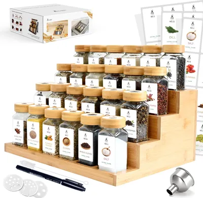 Obrázok produktu pre Sada nádob na korenie – 24 kusov, objem 120 ml – bambus a drevo – bez BPA – 120 štítkov – úložný systém na korenie do kuchyne