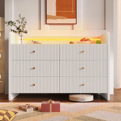 Image de Buffet et commode à 6 tiroirs avec éclairage LED, buffet au design rainuré en 3D, style moderne pour le salon et la chambre à coucher, 120 x 40 x 75 cm, blanc