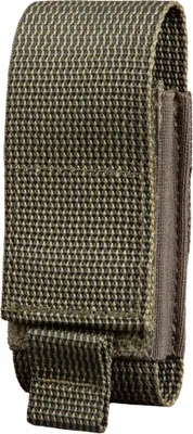 A close-up view of a green and black patterned fabric pouch with a brown velcro closure.
