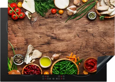 Produktbild von KitchenYeah© Herdabdeckplatte Kräuter - Gemüse - Rustikal , 75x52cm, Küche Deko, Glaskeramikkochfeld Herdabdeckung, Abdeckplatte fùr Kochfeld