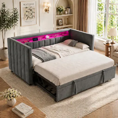 Produktbild von Polsterbett 90x190 cm mit Ausziehbett Samt Grau Multifunktionales Schlafsofa mit LED & USB-C Bettgestell aus Holz-Metall Stabil mit Kopfteil