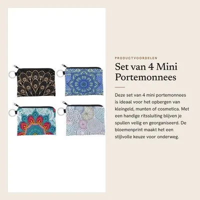 Produktbild von 4 Stück Mini Canvas Geldbeutel - Blumenmünzenträger - Aufbewahrung von Kleingeld oder Kosmetik - Maße 12 x 9,5 cm