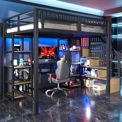 Zdjęcie produktu dla Łóżko piętrowe 140 x 200 cm z biurkiem, listwą LED, portem USB, półką i organizerem, bez materaca, kolor czarny, styl industrialny, materiał: metal/płyta MDF