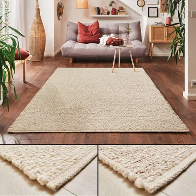 Produktbild von Steffensmeier Handweb Teppich Waldsee | Wolle (Schurwolle), Creme, handgewebt, Größe: 130x200 cm Wohnzimmer und Schlafzimmer