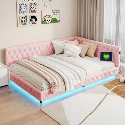 Produktbild von Fortuna Lai Tagesbett Polsterbett 140x200cm mit LED und USB-Anschluss, Schlafsofa mit Lattenrost aus Teddy-Plüsch, Funktionsbett Doppelbett Kinderbett, Rosa