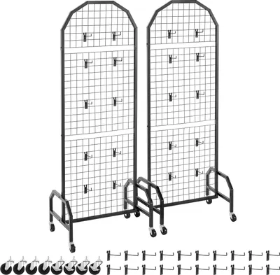 Zdjęcie produktu dla SucceBuy panele ścienne 60 x 164 cm, 2-częściowy stojak na kółkach z 20 haczykami, półki ekspozycyjne ze stali węglowej, półka na sztukę do dekoracji i przechowywania, czarna