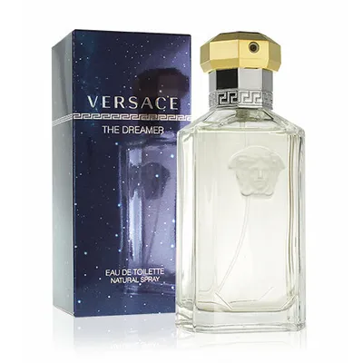 A bottle of Versace Dreamer eau de Toilette and its packaging are displayed against a white background.