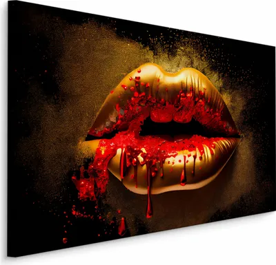 Produktbild von Muralo CANVAS Leinwand Bilder goldene MUND Lippen roter Lippenstift ABSTRAKTION 3D Effekt Br. 30 cm x Hö. 20 cm