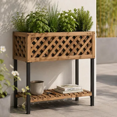 Immagine prodotto di Fioriera HWC-P86, vaso per fiori e piante, per interni ed esterni, in legno di acacia ®, 78x82x32 cm ~ marrone chiaro