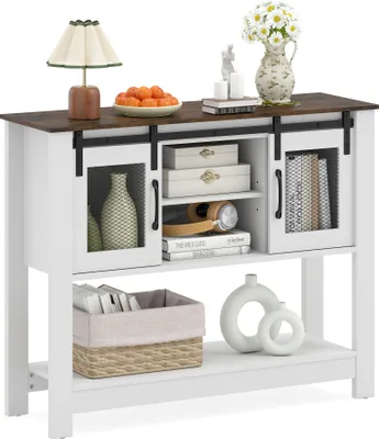 Immagine prodotto di COSTWAY Credenza in legno, tavolino da ingresso con ripiano, 2 ante scorrevoli, 2 scomparti, mensola, credenza, mobile da cucina, tavolino da ingresso, 102 x 32 x 82 cm, bianco