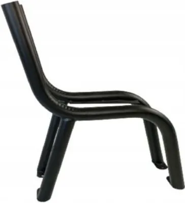 A black metal frame for a bench, viewed from the side.