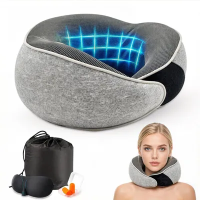 Imagen del producto de Omgoods - Almohada para el cuello, ideal para avión y coche - Fabricada con espuma viscoelástica y con soporte de 360°