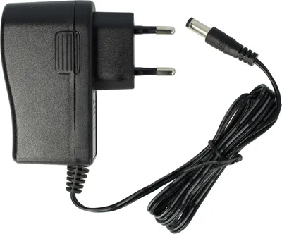 A black power adapter with a European plug and a coiled black cable with a DC barrel connector.