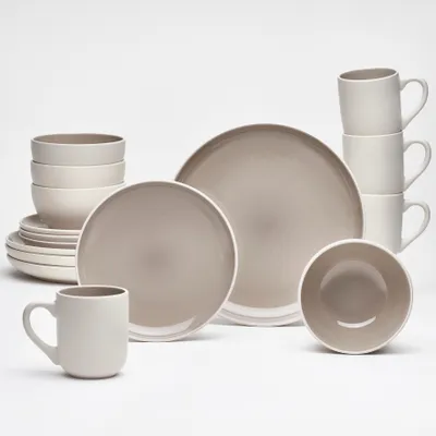 Produktbild von Kombiservice London Taupe 16-teilig Steinzeug für 4 Personen – außen beige matt / innen taupe glänzend – Kaffeebecher 360 ml, Dessertteller 20 cm, Speiseteller 27 cm, Schalen 14 cm