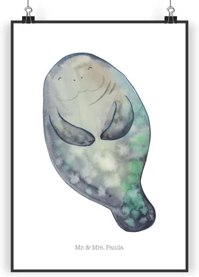 Produktbild von Mr. & Mrs. Panda Bild Seekuh Happy DIN A3 - Weiß - Geschenk, Liebeskummer, Meer, Selbstliebe, wanddeko, Wandbild, Achtsamkeit, Kunstdruck, Neuanfang, Plakat, drucke